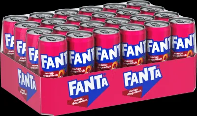 Tray mit 24 Dosen Fanta Mango &amp; Drachenfrucht, ideal für Vorrat und Mengenrabatt.