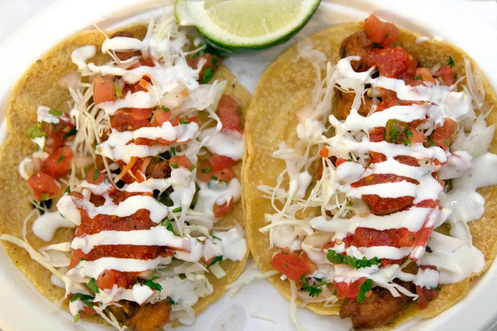 Two shrimp tacos from Los Mariscos