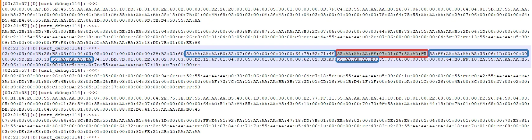 UART-Logdaten des Philips Kaffeevollautomaten nach Drücken der Kaffeetaste