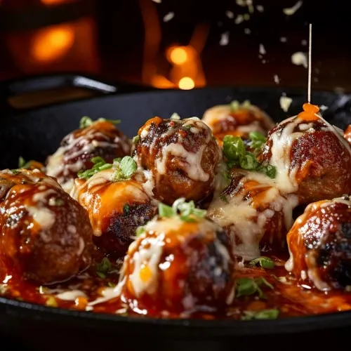 Überbackene Moink Balls bedeckt mit geschmolzenem Käse und Smoked Habanero Sauce, garniert mit frischen Kräutern, serviert in einer gußeisernen Pfanne mit sichtbaren Flammen im Hintergrund, was auf eine frische Zubereitung direkt aus dem Ofen hinweist.