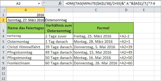 Übersicht der beweglichen Feiertage abgeleitet vom Ostersonntag in Excel