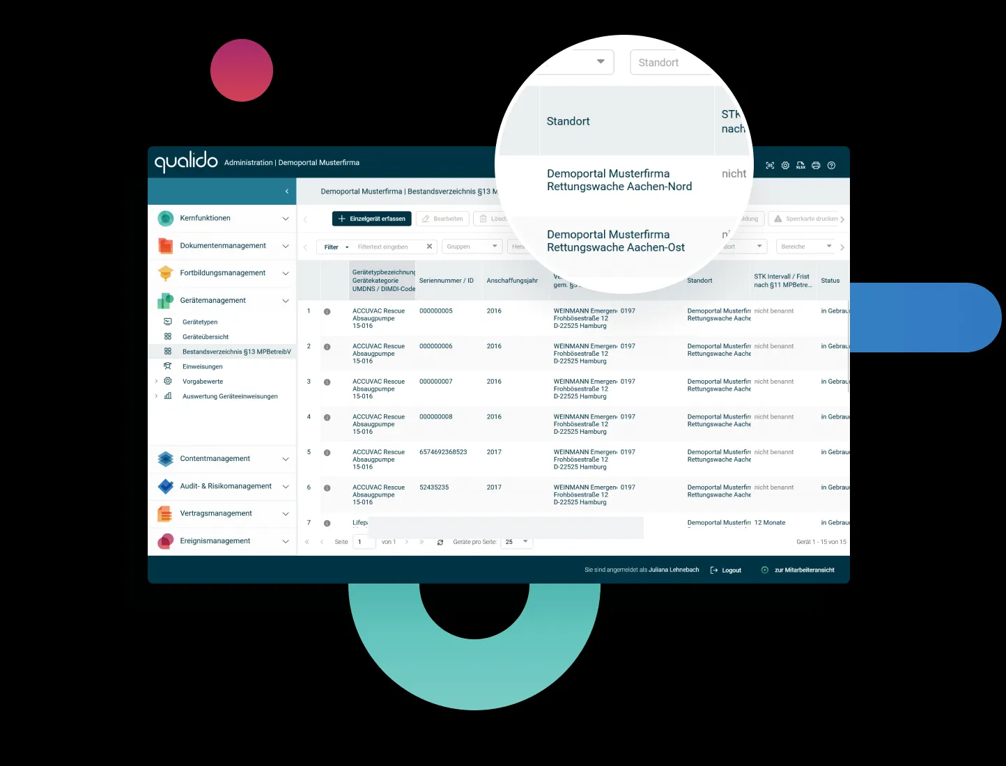Übersicht der standortübergreifenden Geräteverwaltung von Medizinprodukten in der Software