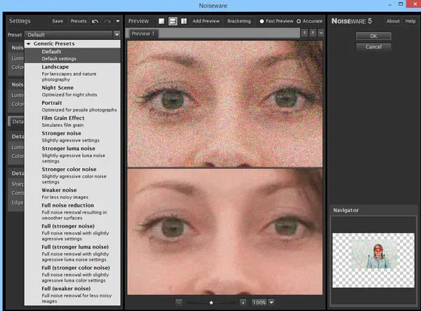 Übersicht der verschiedenen Voreinstellungen (Presets) in Noiseware für Photoshop