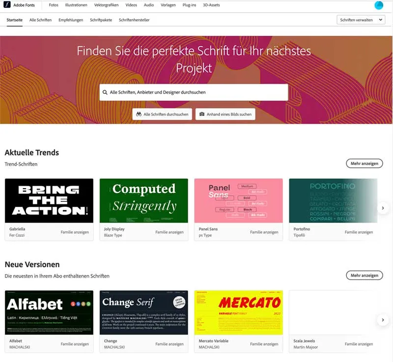 Übersicht der vielfältigen Schriftbibliothek von Adobe Fonts für InDesign-Nutzer