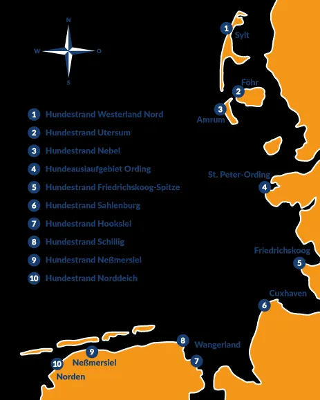 Übersichtskarte der Nordsee mit markierten Hundestränden und Ausflugszielen für Hunde in Norddeutschland