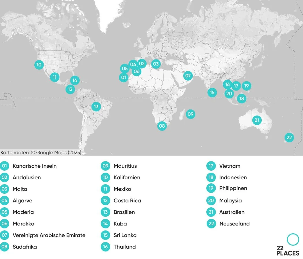 Übersichtskarte der warmen Reiseziele im Winter