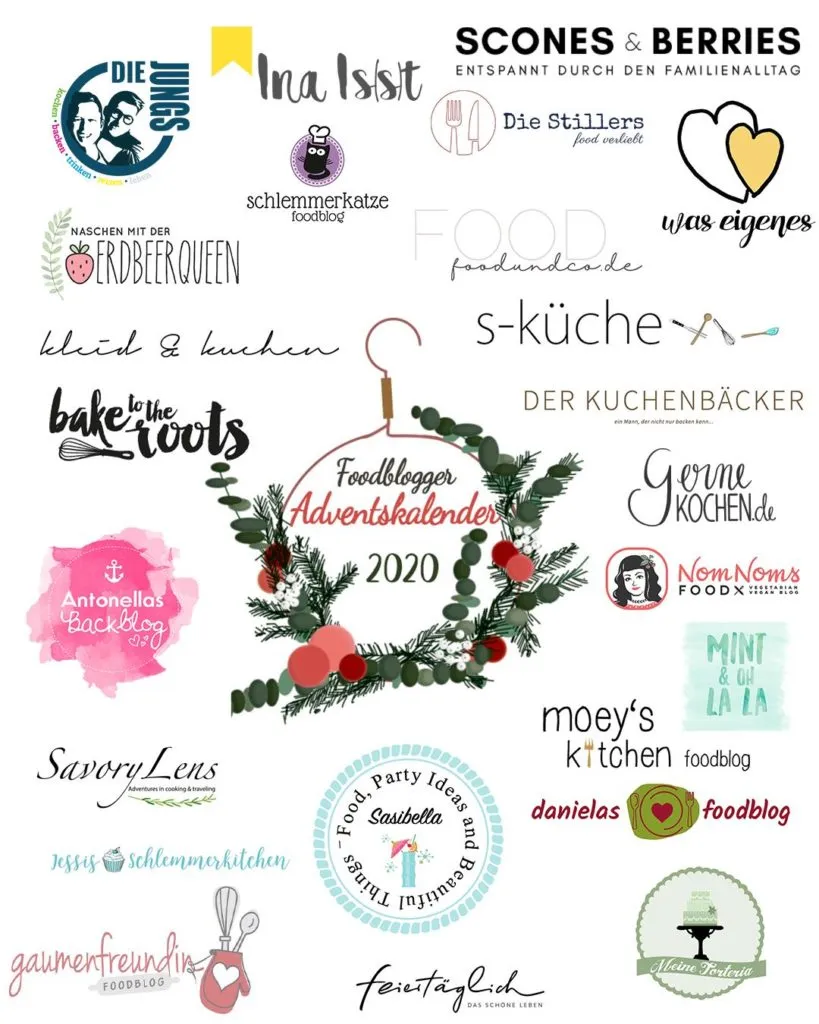 Übersichtskarte des Food Blogger Adventskalenders mit verschiedenen Weihnachtsrezepten und Teilnehmern.