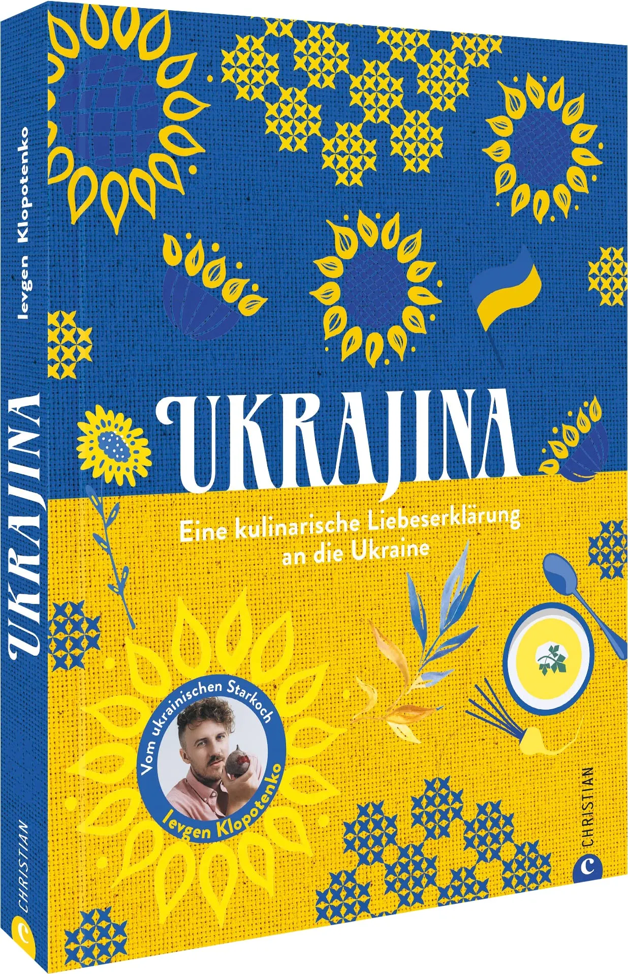 Ukrajina Kochbuch von Ievgen Klopotenko, zeigt den Koch und verschiedene ukrainische Gerichte, betont die Modernisierung traditioneller Rezepte.