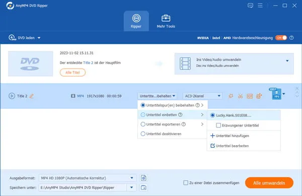 Untertitelspur in einem DVD Ripper auswählen