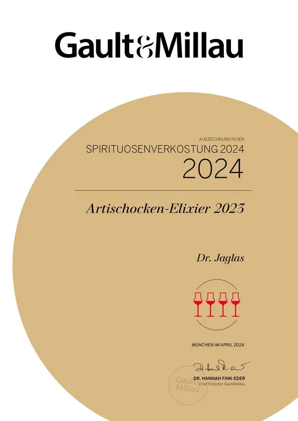 Urkunde von Gault&Millau für Dr. Jaglas Artischocken-Elixier, ein Zeichen für Qualität und deutsche Kulinarik.