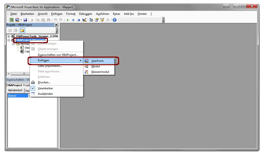 UserForm in Excel VBA einfügen über das Kontextmenü