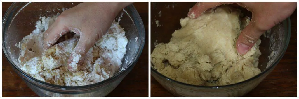 Vanillekipferl Teig in einer Schüssel und geformte Kipferl auf einem Backblech