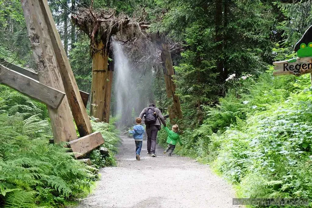 Vater schiebt sein Kind auf einer Schaukel auf einer Alm in den Kitzbüheler Alpen