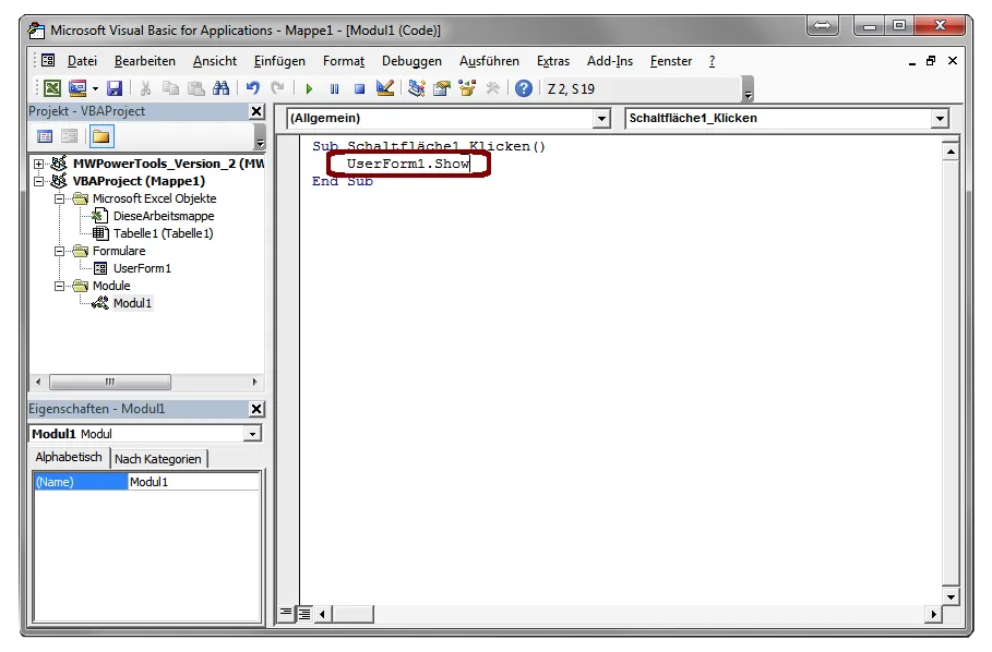 VBA Code zum Öffnen der UserForm1 durch eine Schaltfläche
