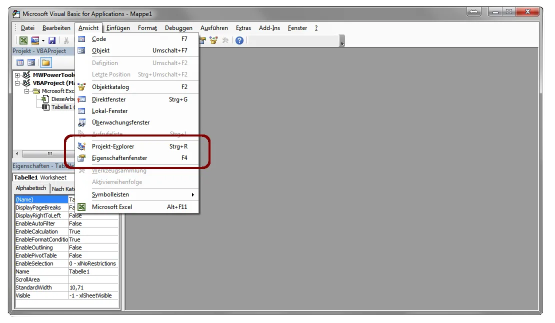 VBA Entwicklungsumgebung mit Projekt-Explorer und Eigenschaftenfenster