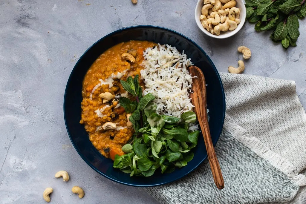 Veganes Linsen-Curry mit Reis, fertig serviert in einer Schale, ideal für die deutsche Alltagsküche.