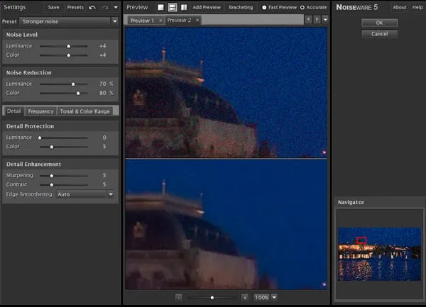 Vergleich einer Nachtaufnahme mit Rauschen (links) und der entrauschten Version (rechts) durch Noiseware Photoshop