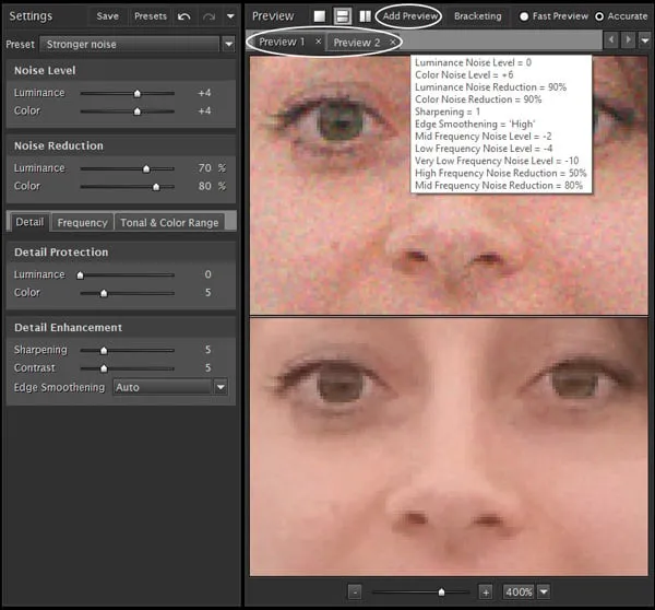 Vergleich mehrerer Vorschaubilder mit unterschiedlichen Noiseware-Einstellungen in Photoshop