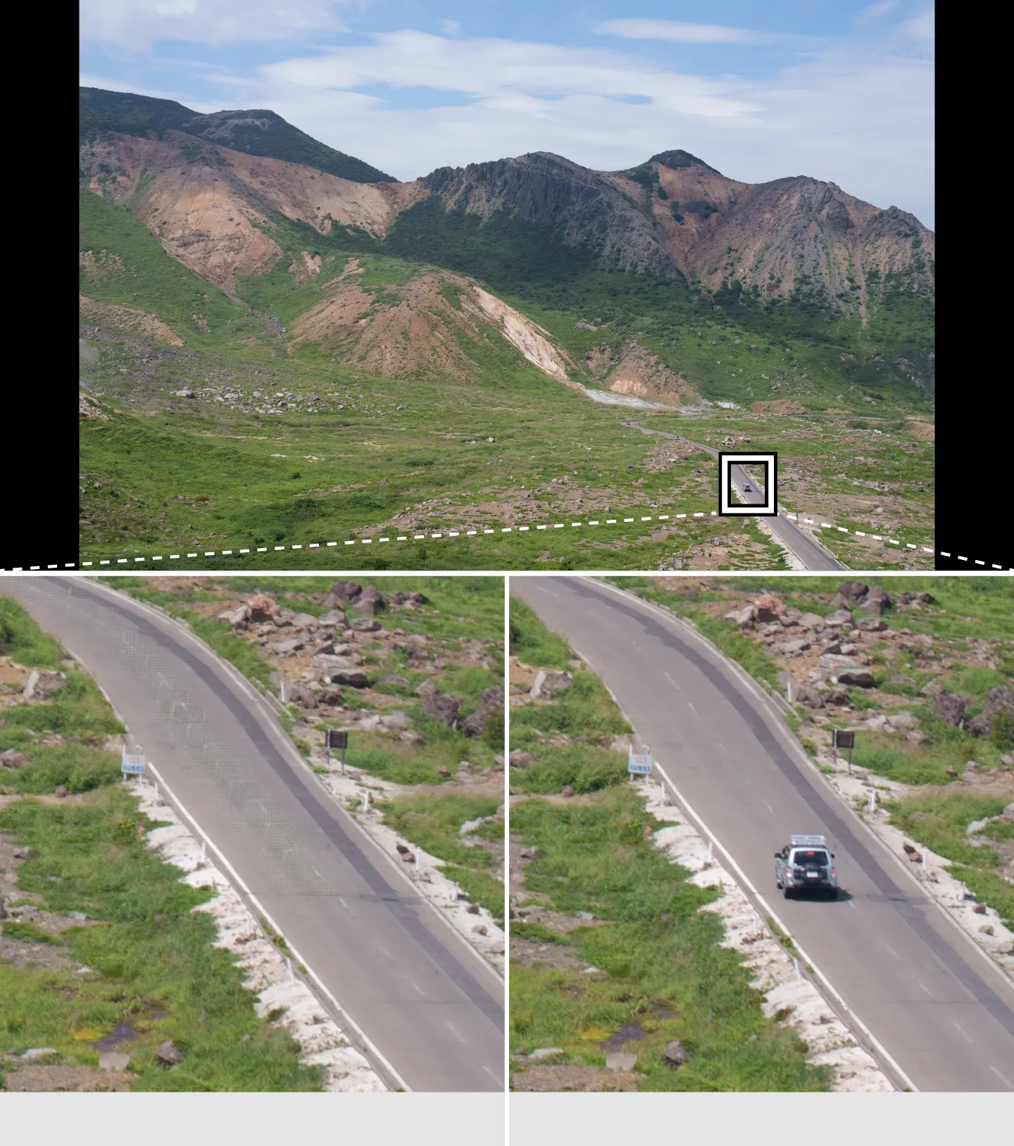 Vergleichsbilder, die die Wirkung der Bewegungs Korrektur in Pixel Shift Multi Shooting zeigen