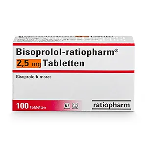 Verpackung von Bisoprolol-ratiopharm 2.5mg, einem Betablocker zur Behandlung von Herz-Kreislauf-Erkrankungen.
