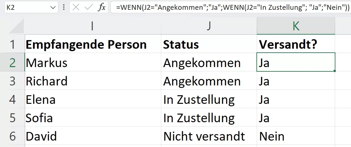 Verschachtelte WENN-DANN Excel Funktionen zur Statusabfrage von Paketlieferungen