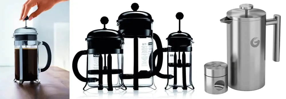 Verschiedene French Press Modelle für Reisen, darunter die Bodum Chambord und eine robuste Coffee Gator Kaffeepresse aus Edelstahl, ideal als Reise Kaffeemaschine.