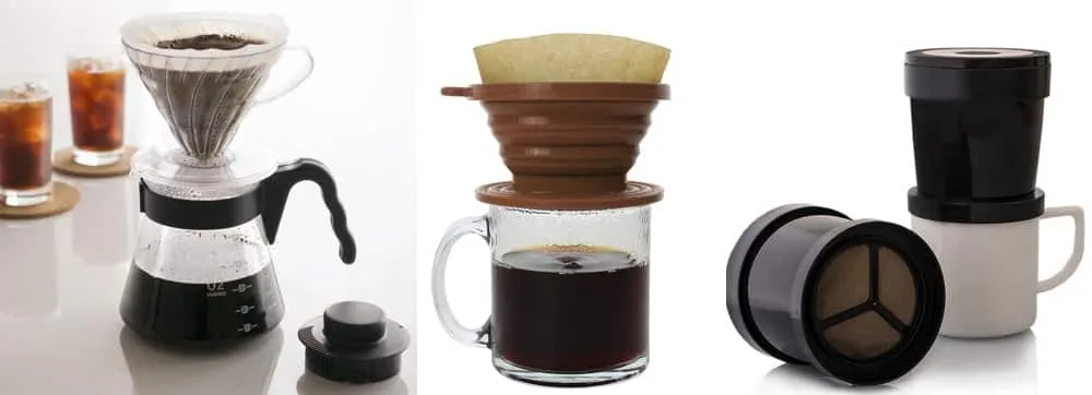 Verschiedene Reise Handfilter für unterwegs: Ein Hario V60-Set, ein faltbarer Silikonfilter und der Finum Coffee Sprinter als Kaffeebereiter ohne Strom.