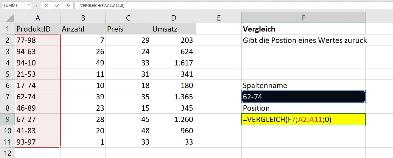 Vertikale Suche mit VERGLEICH-Funktion zur Zeilenfindung von &quot;62-74&quot;