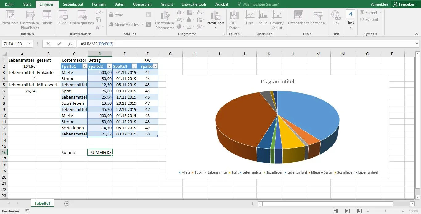 Verwendung der SUMME-Funktion in Excel mit AutoSumme-Beispiel