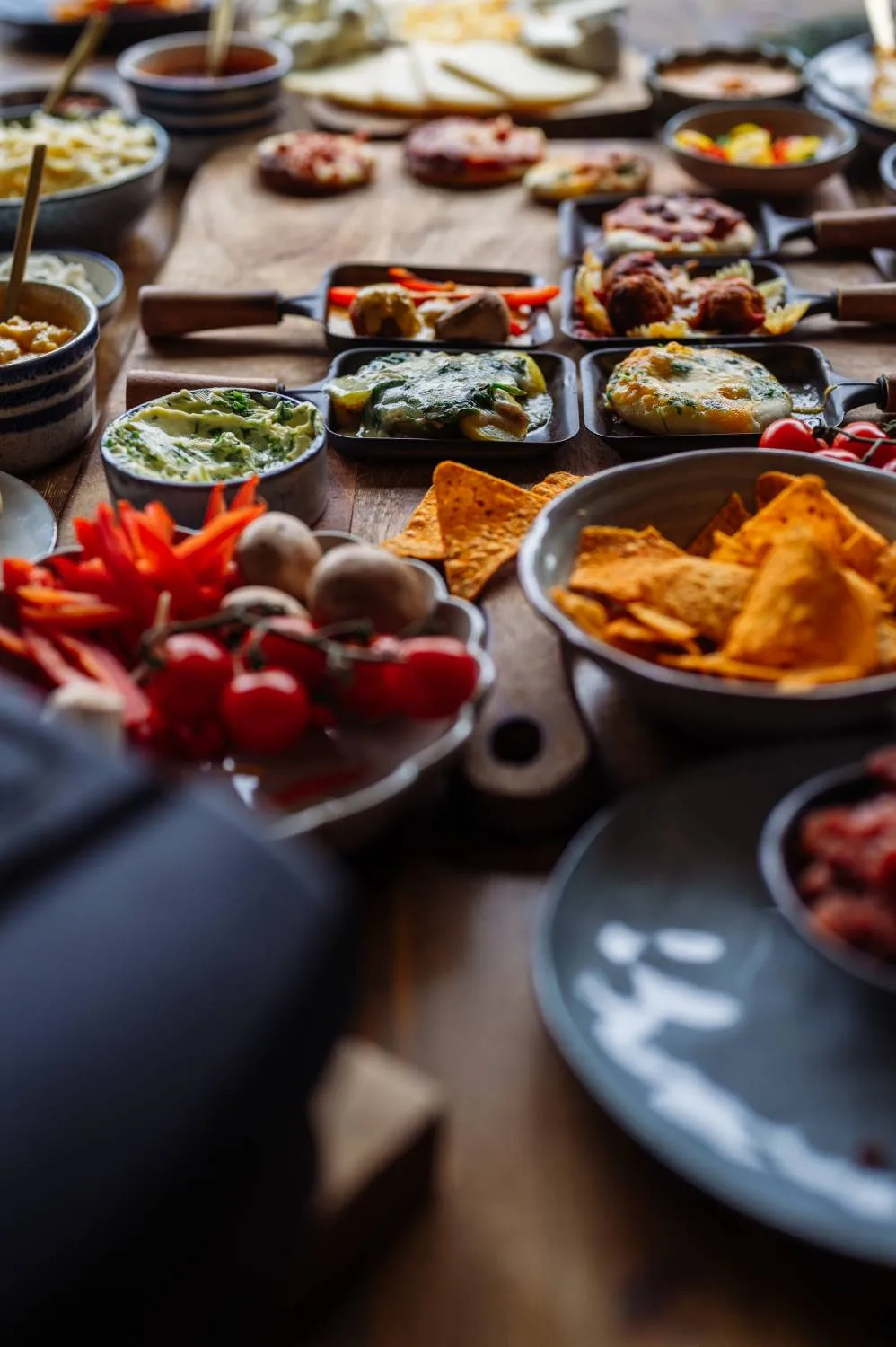 Vielfältige Käseauswahl, darunter Raclettekäse und Mozzarella, für den Genuss am Raclette