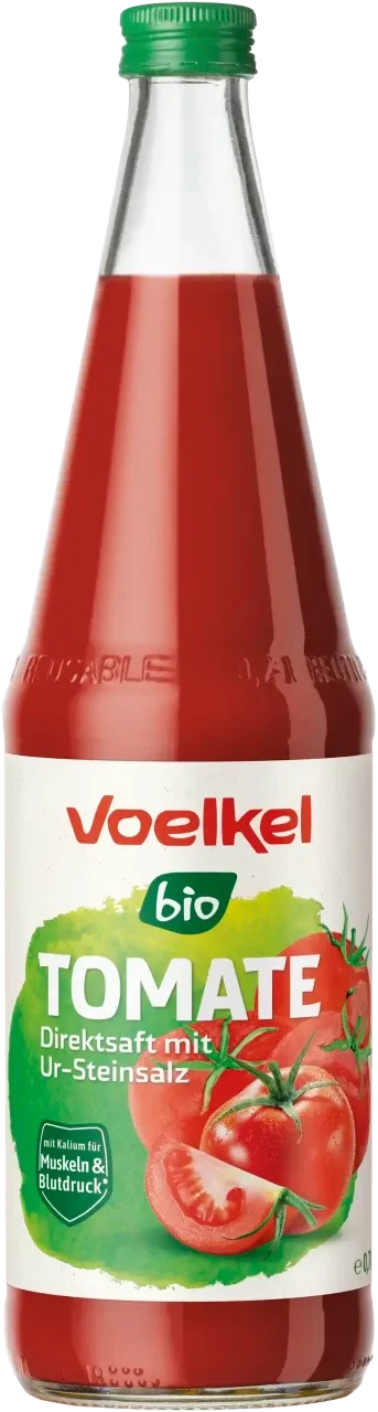 Vollreifer Bio-Tomatensaft (0,7l) in der Glasflasche – ein Genuss für Liebhaber reiner Direktsäfte.