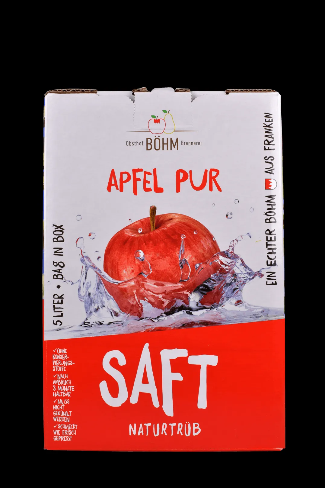 Vorderansicht einer 5l Bag-in-Box Apfelsaft naturtrüb