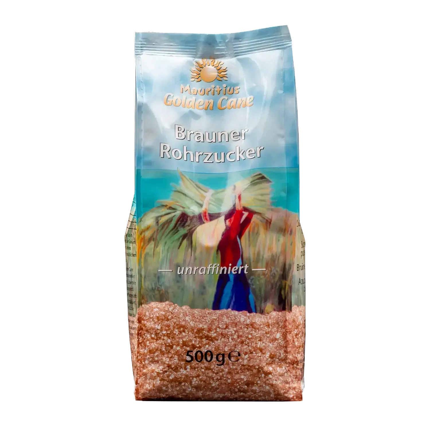 Vorderansicht eines Beutels mit braunem Rohrohrzucker „Mauritius“
