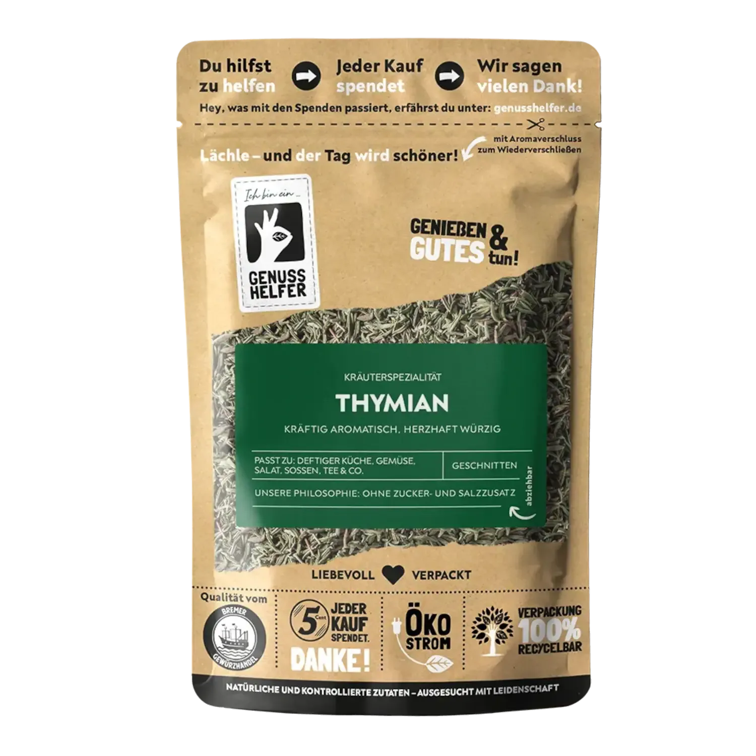 Vorderansicht eines Beutels mit gerebeltem Thymian