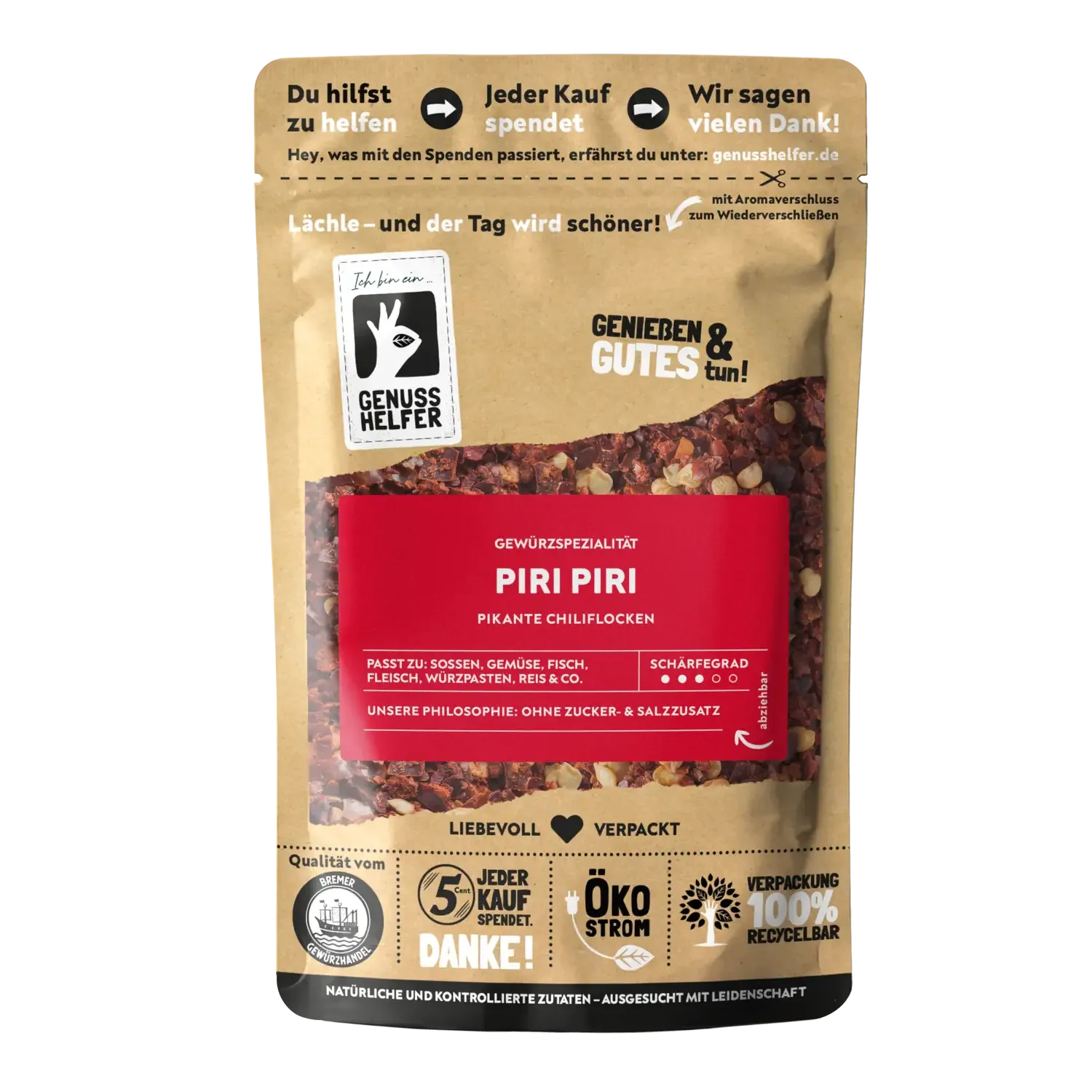 Vorderansicht eines Beutels mit geschrotetem Piri-Piri