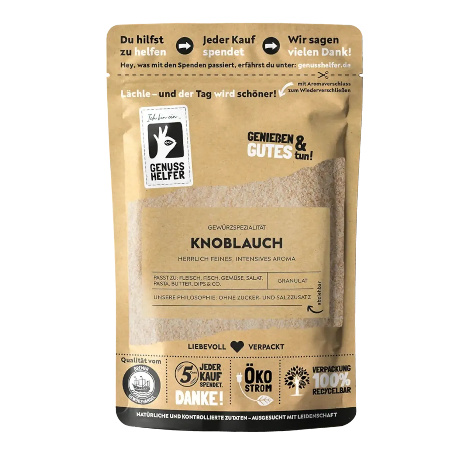 Vorderansicht eines Beutels mit Knoblauchgranulat