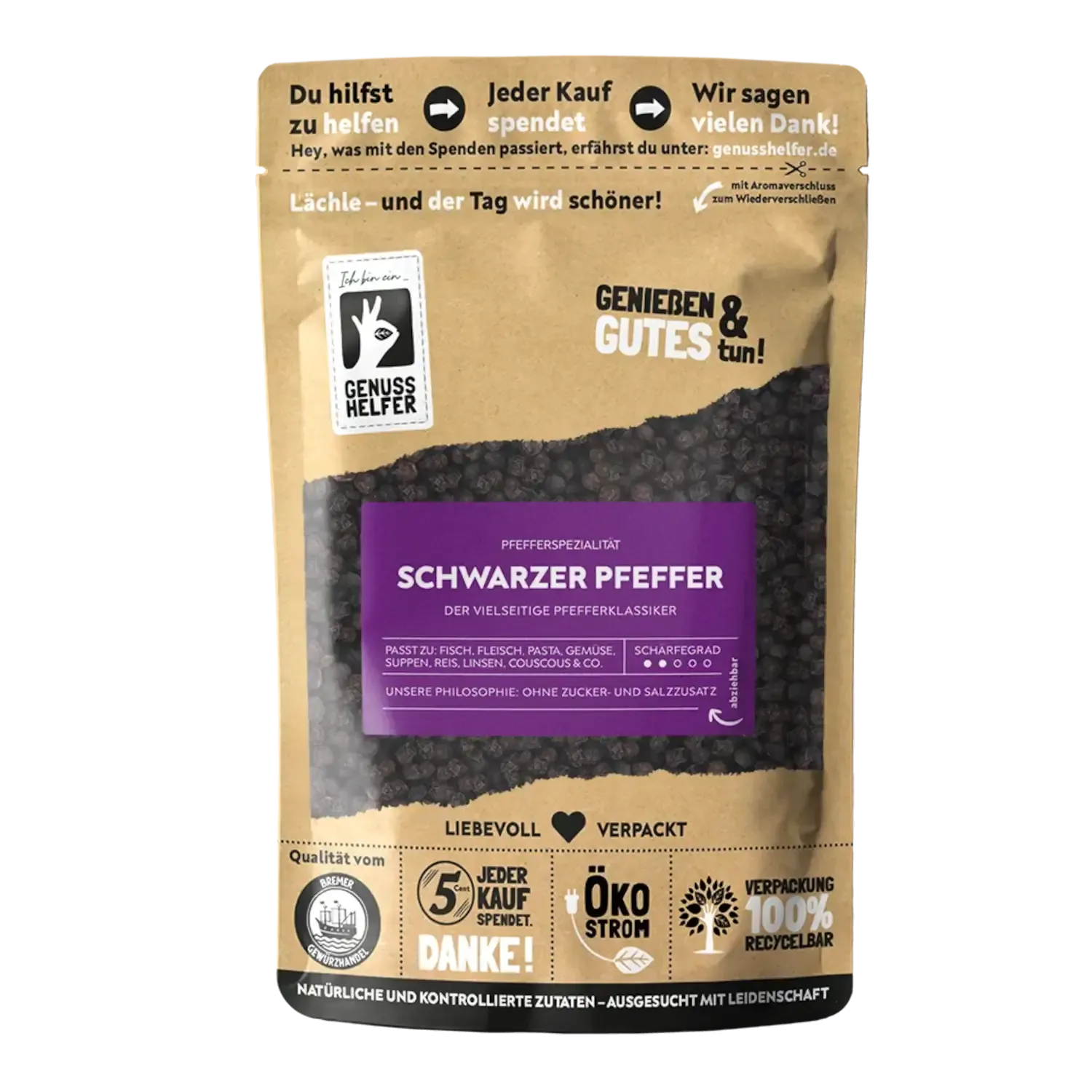 Vorderansicht eines Beutels mit schwarzem Pfeffer (ganz)