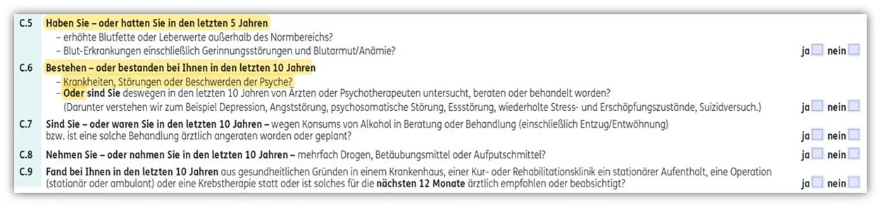 Weitere Gesundheitsfragen der ERGO Risikolebensversicherung, Frage C.4 zu Krankheiten und Funktionsstörungen der letzten 5 Jahre.