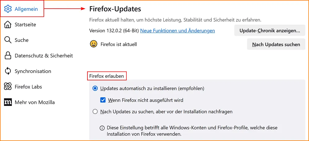 Weitere Optionen für Firefox-Updates