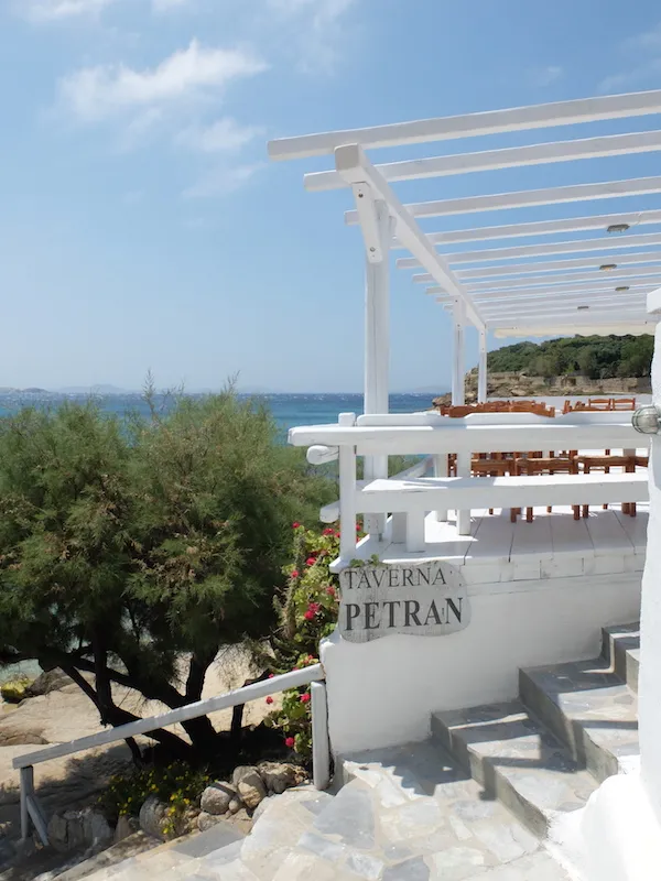 Weitläufiger Blick über die Küste von Mykonos mit typischer Ägäis-Vegetation und dem strahlend blauen Meer