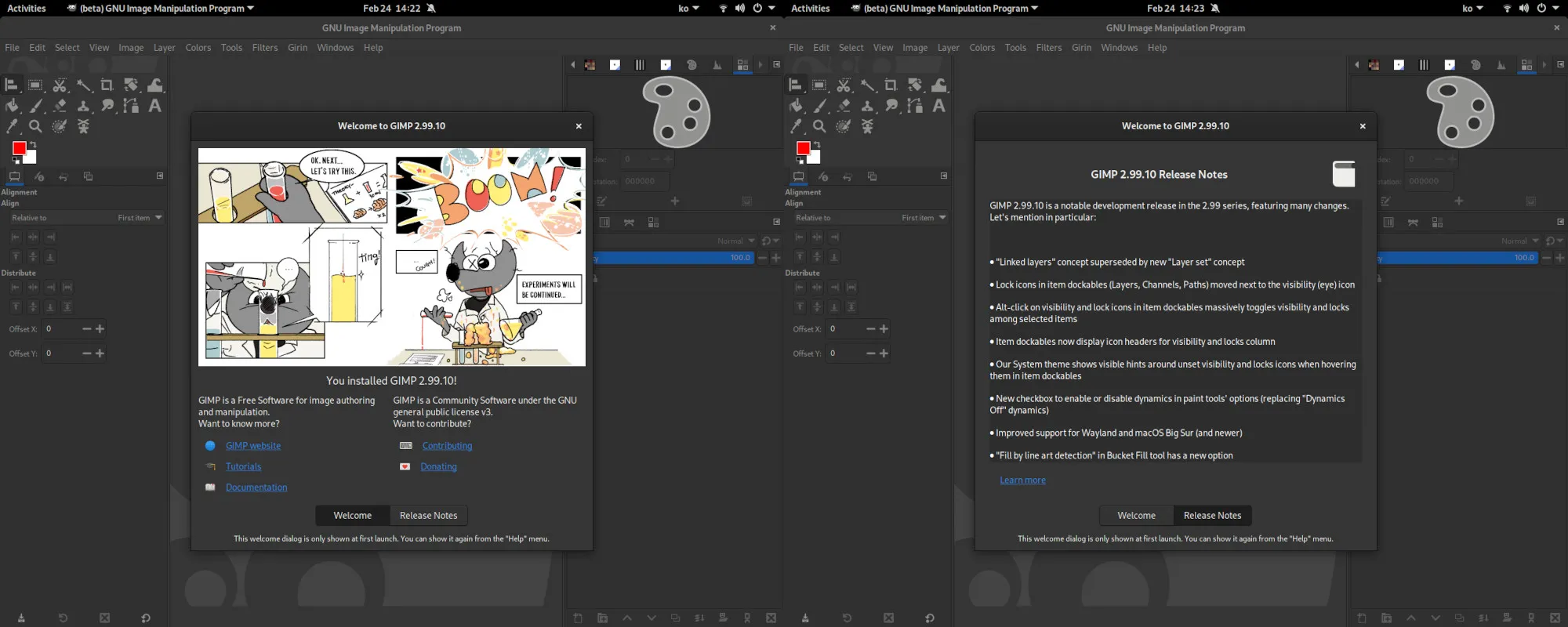Welcome Dialog at first launch after installation or update