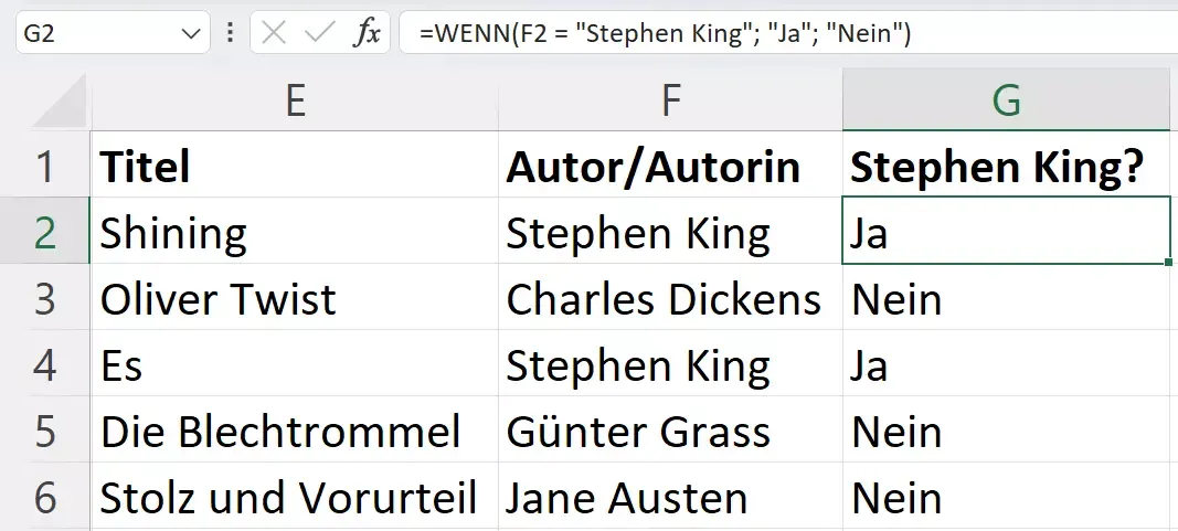 WENN-DANN Excel Funktion zur Überprüfung textueller Werte am Beispiel eines Autorennamens