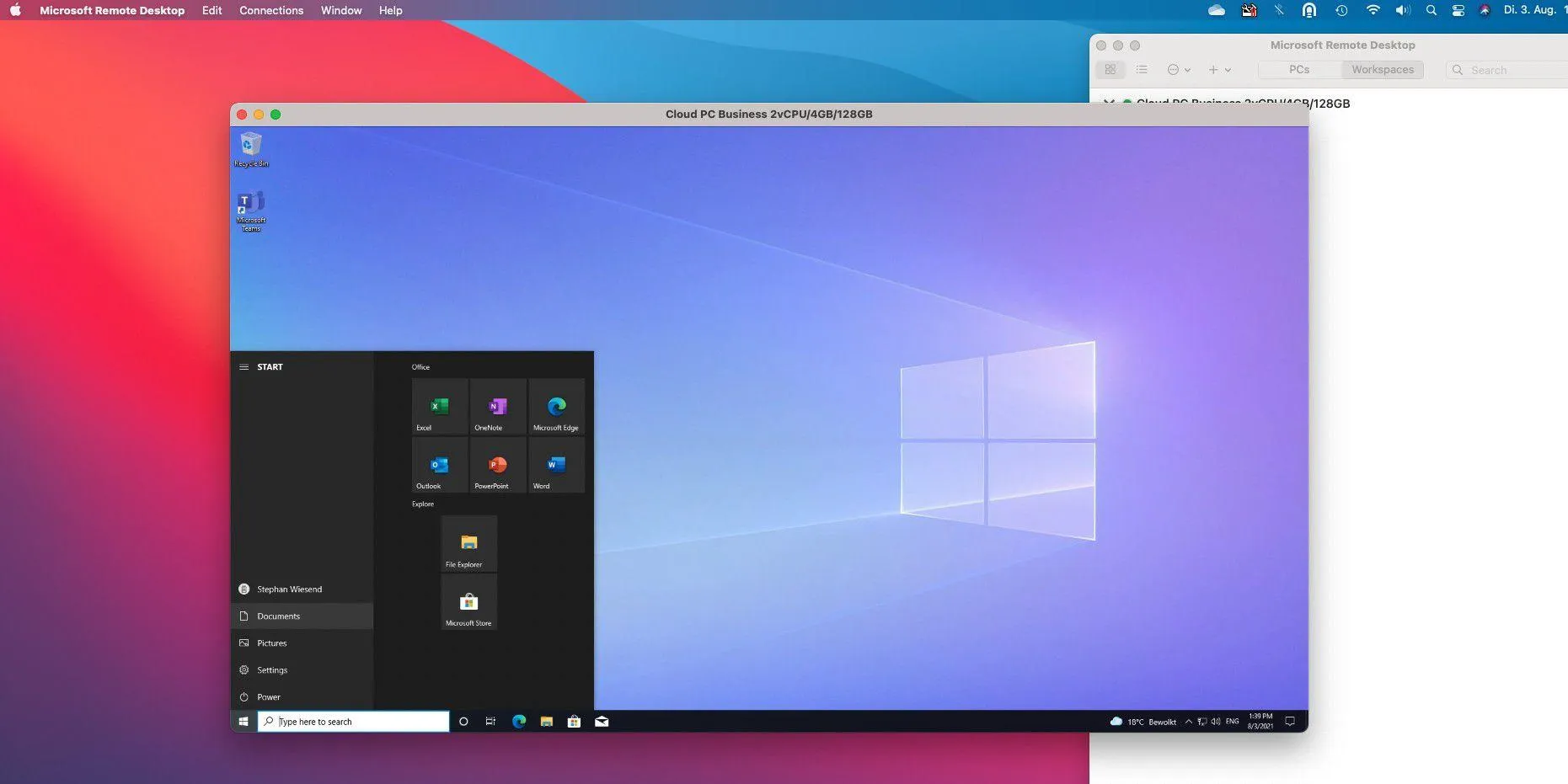 Windows 365 Cloud-PC Oberfläche auf einem Mac