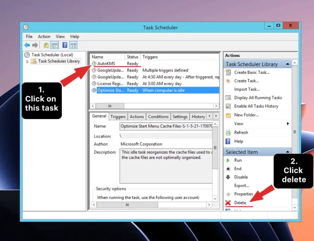 Windows Aufgabenplanung zeigt die zum Entfernen ausgewählte AutoKMS-Aufgabe zur Bereinigung von KMS-Aktivierungsspuren