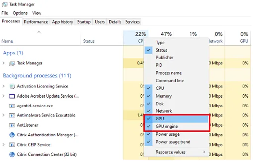 Windows Task-Manager Ansicht mit GPU- und GPU-Engine-Spalten zur Überwachung der Anwendungsauslastung in Citrix