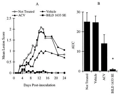 Wirkung von ACV in Kombination mit BILD 1633 SE gegen Wildtyp- und ACV-resistentes HSV in vitro. Ausgewählte Konzentrationen von BILD 1633 SE wurden in Kombination mit verschiedenen Dosen von ACV getestet, und die EC50s für HSV KOS, F, PAAr5 und dl sptk wurden durch den ELISA-basierten antiviralen Assay wie in Materialen und Methoden beschrieben bestimmt.