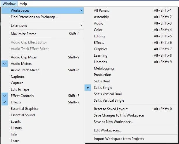 Workspaces-Menü in Adobe Premiere Pro zur Anpassung der Arbeitsbereiche und Fensteranordnung