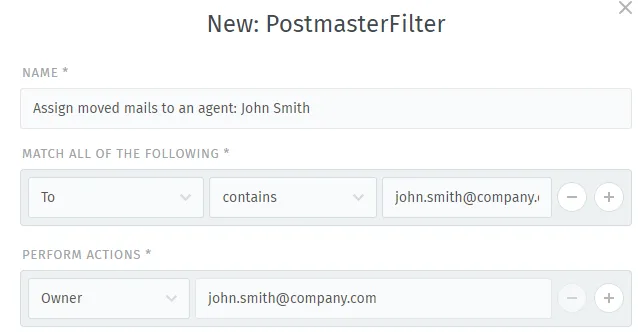 Zammad Postmaster-Regel zur automatischen Zuweisung des Ticket-Besitzers basierend auf dem Absender der E-Mail.