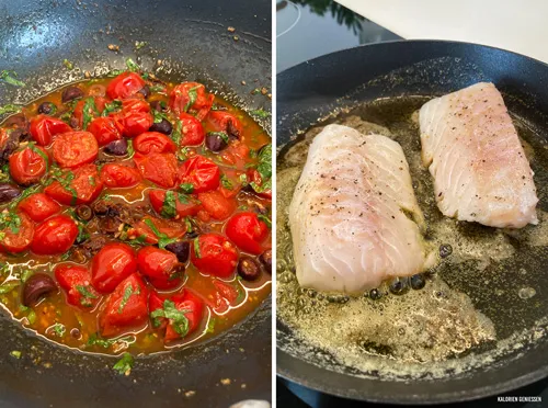 Zart gebratenes Fischfilet in einer beschichteten Pfanne, umgeben von Olivenöl und Butter, um ein Ankleben zu verhindern.