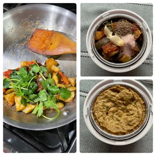 Zerkleinerte Chutney-Mischung mit Sesamsamen und Gewürzen im Mixer